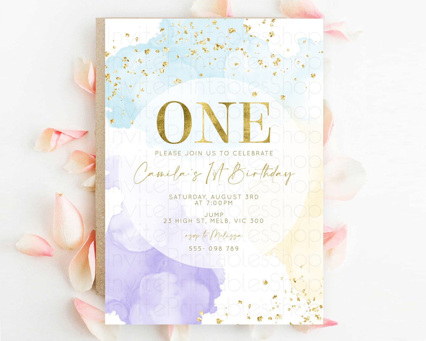 Rainbow Birthday Invitation Colorful Pastel Watercolor Invitation Gold Glitter Sprinkles Ombre Pastel 1st 2nd 3rd Birthday D10206