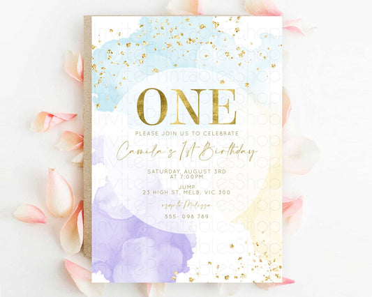 Rainbow Birthday Invitation Colorful Pastel Watercolor Invitation Gold Glitter Sprinkles Ombre Pastel 1st 2nd 3rd Birthday D10206