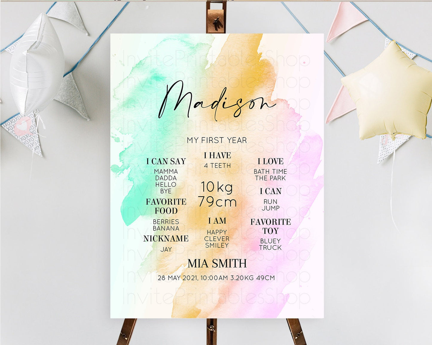 Pastel First Birthday Milestone Board Pastel Rainbow Milestone Poster Colorful Confetti Watercolor Glitter 1st Birthday Welcome Sign D10962