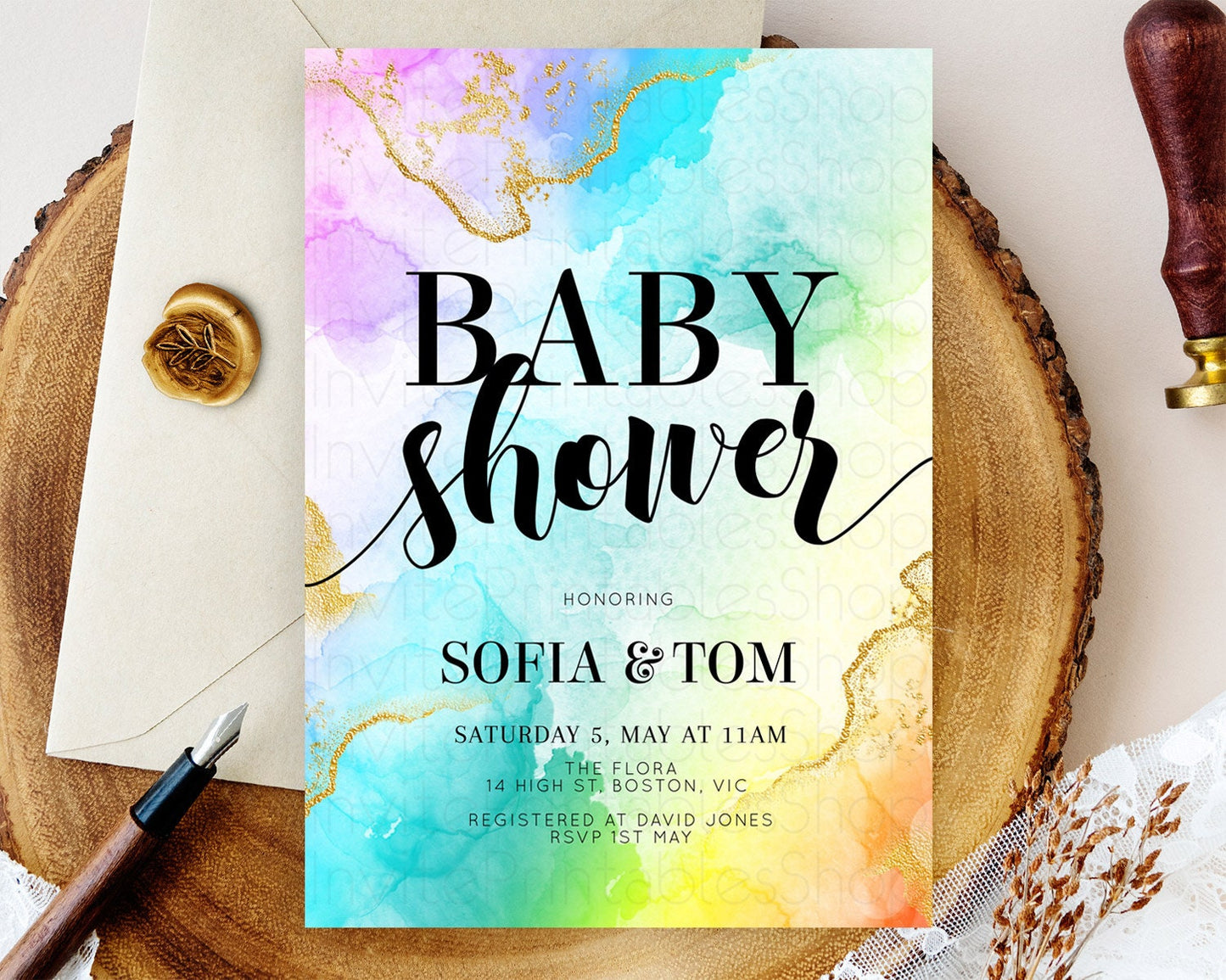 Pastel Baby Shower Invitation Rainbow Baby Shower Invitation Colorful Pastel Watercolor Invitation Gold Glitter Sprinkles Ombre D10392