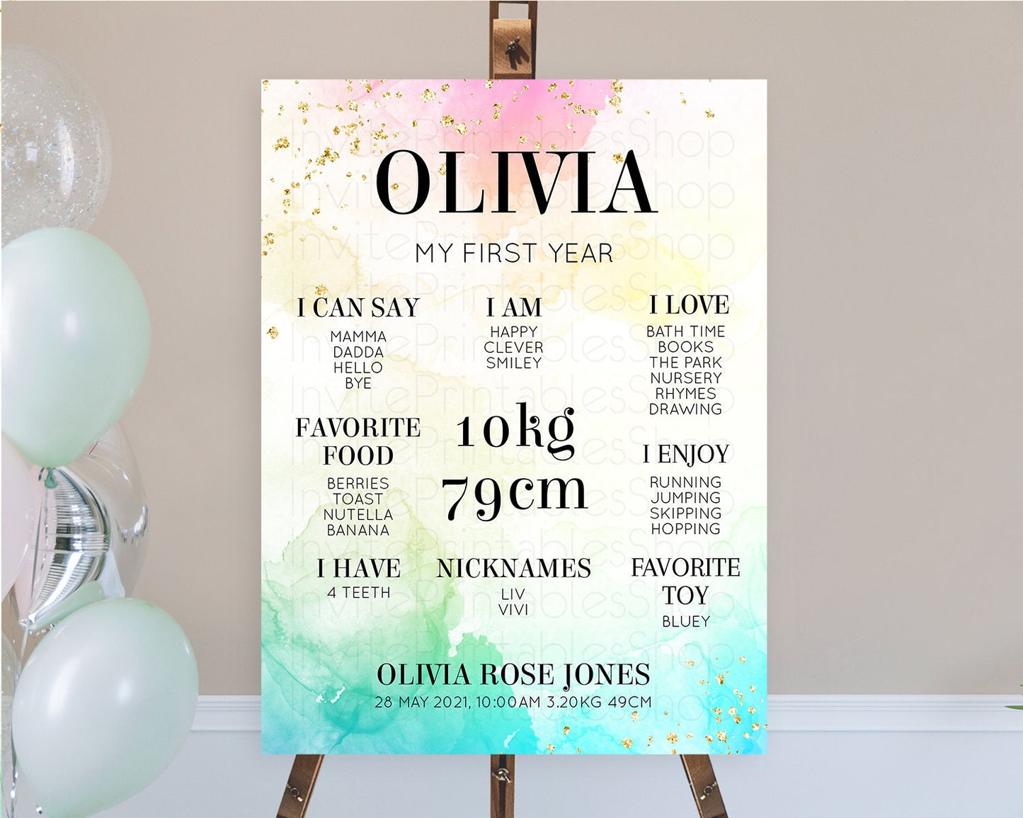 Pastel First Birthday Milestone Board Pastel Rainbow Milestone Poster Colorful Confetti Watercolor Glitter 1st Birthday Welcome Sign D10770