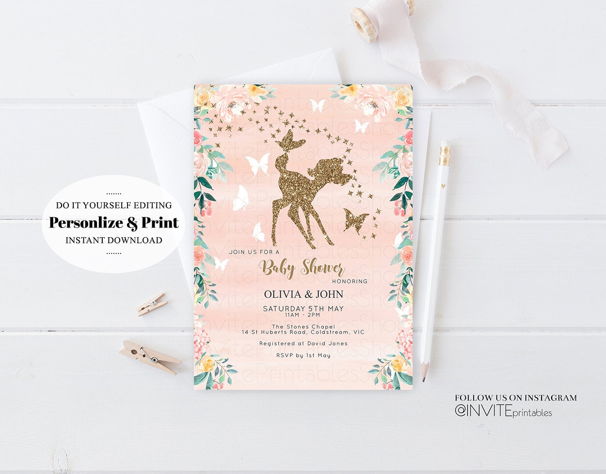 Fawn Baby Shower Invite Deer Baby Shower Invite Deer Invite Fawn Party Invite Pastel Floral Invite Glitter Invite Garden Party Invite