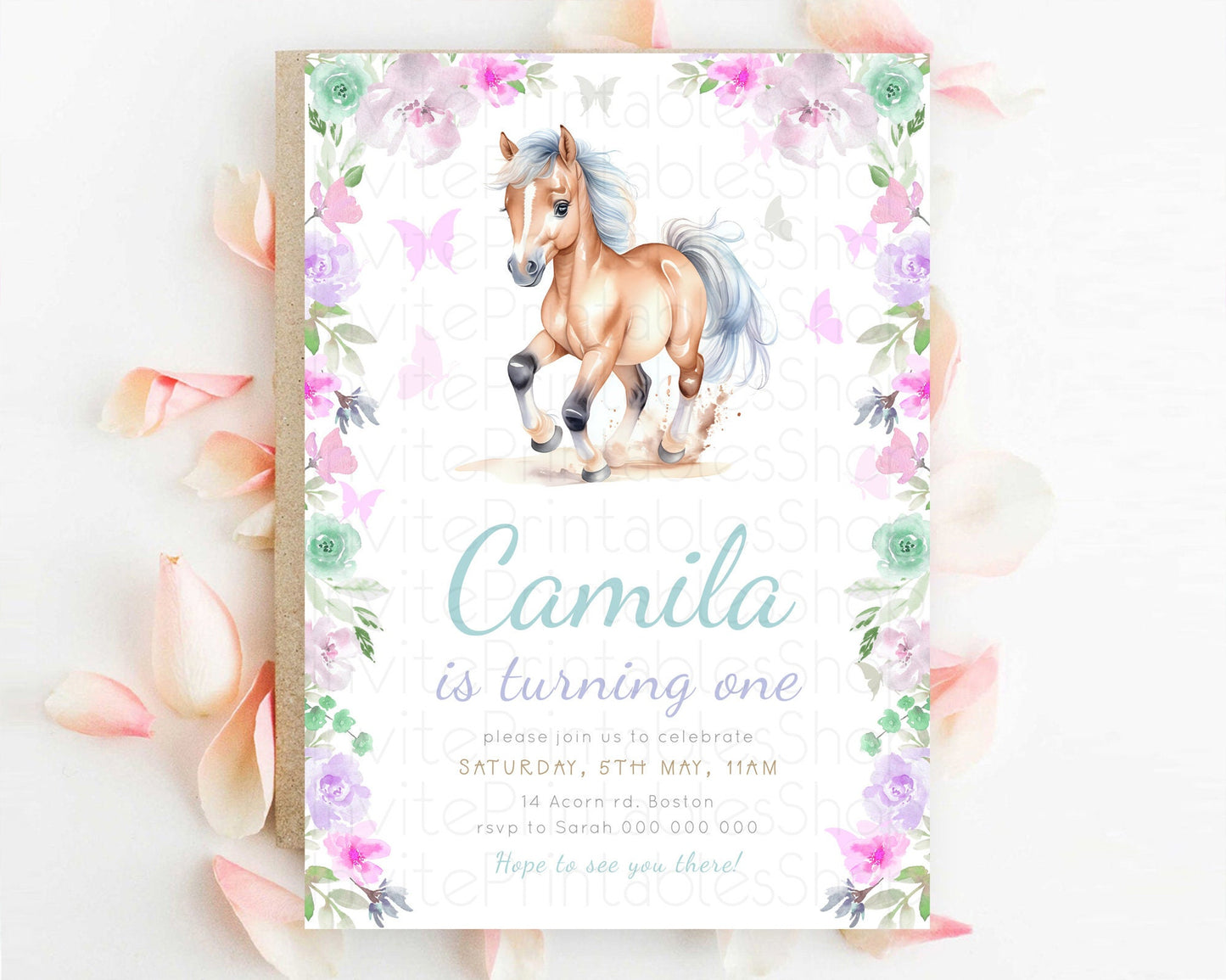 Horse Birthday Invitation, Galloping Wildflower Fields, Pastel Flowers, Butterflies, Flowers Accents for Equestrian & Cowgirls d23382