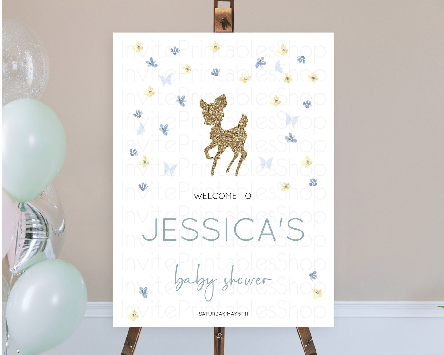 Fawn Baby Shower Welcome Sign Deer Welcome Board Floral Deer Welcome Poster Enchanted Forest Butterfly Pastel Floral Welcome Sign D10864