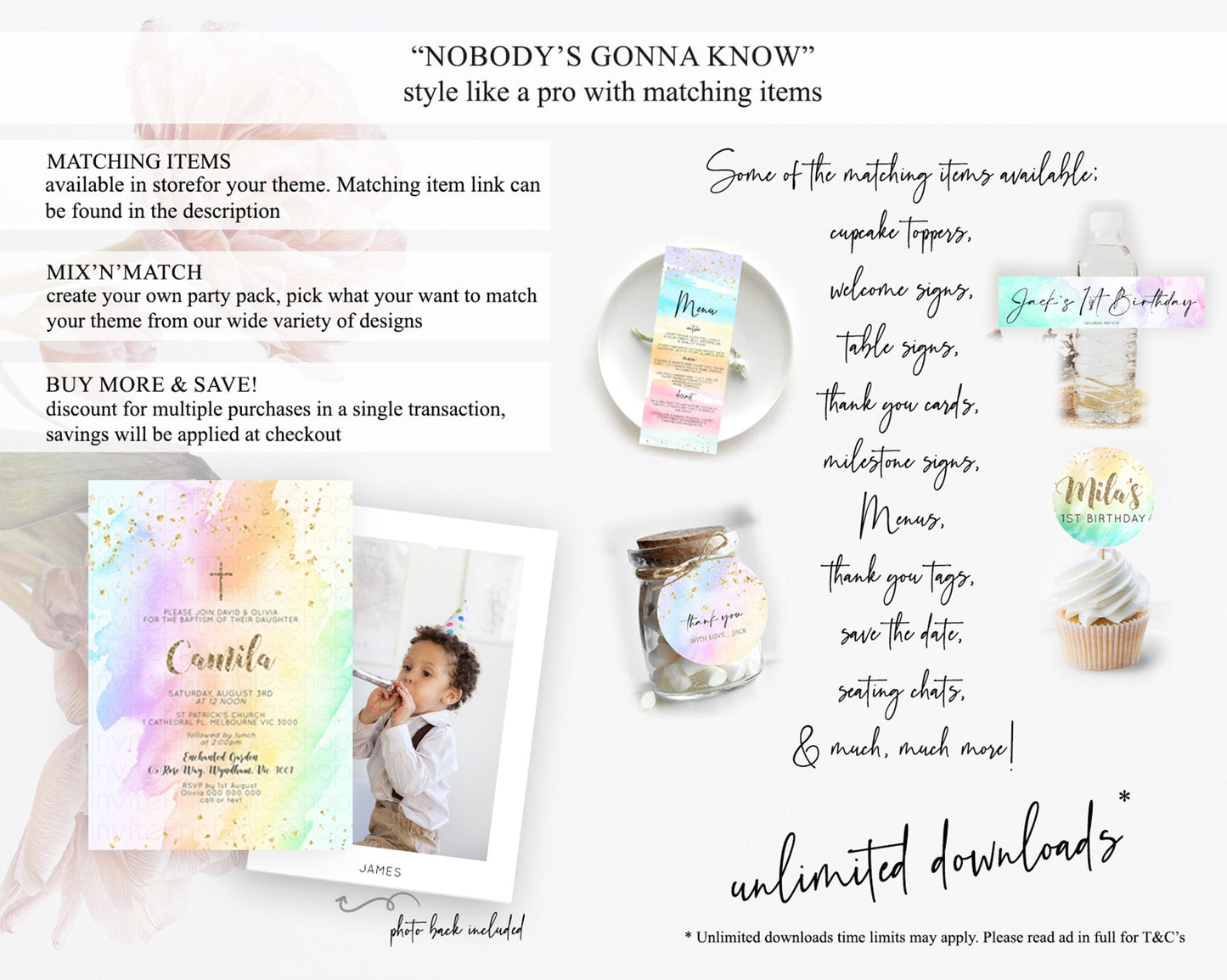 Pastel Baptism Invitation Pastel Colors Watercolor Baptism 1st Birthday Party Gold Ombre Pastel Rainbow Christening Holy Communion D10643