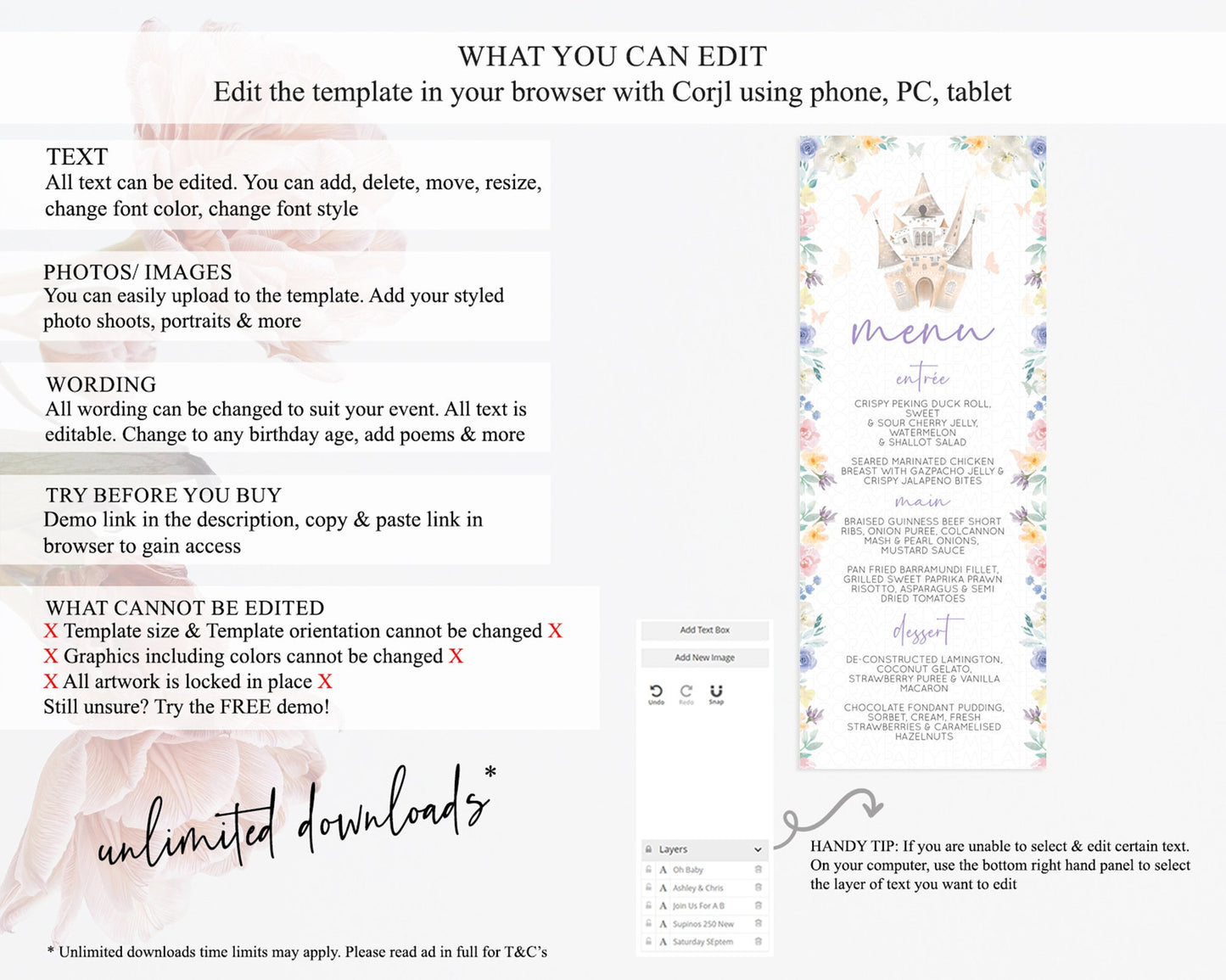 Princess Menu Castle Menu Template Secret Garden Table Decor Enchanted Castle Pastel Floral Dinner Dessert Menu Princess Food Menu D10709