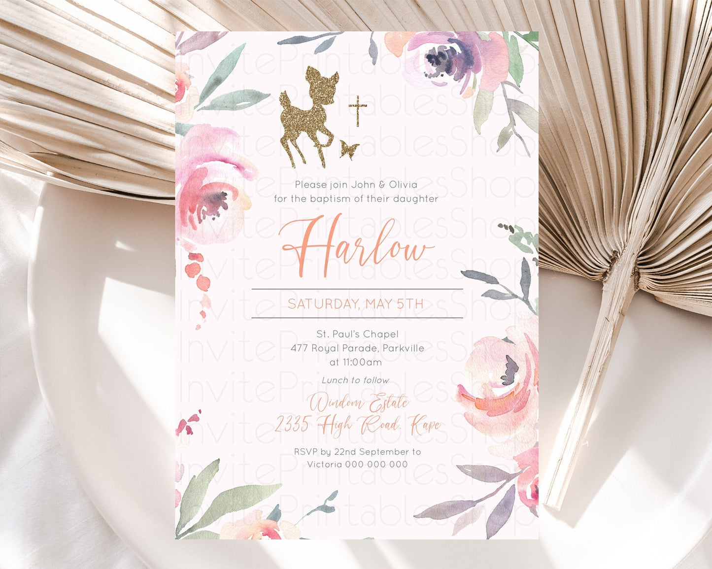 Fawn Baptism Invitation Deer Baptism 1st Birthday Invitation Enchanted Forest Christening Invitation Pastel Garden Butterfly Floral D10196