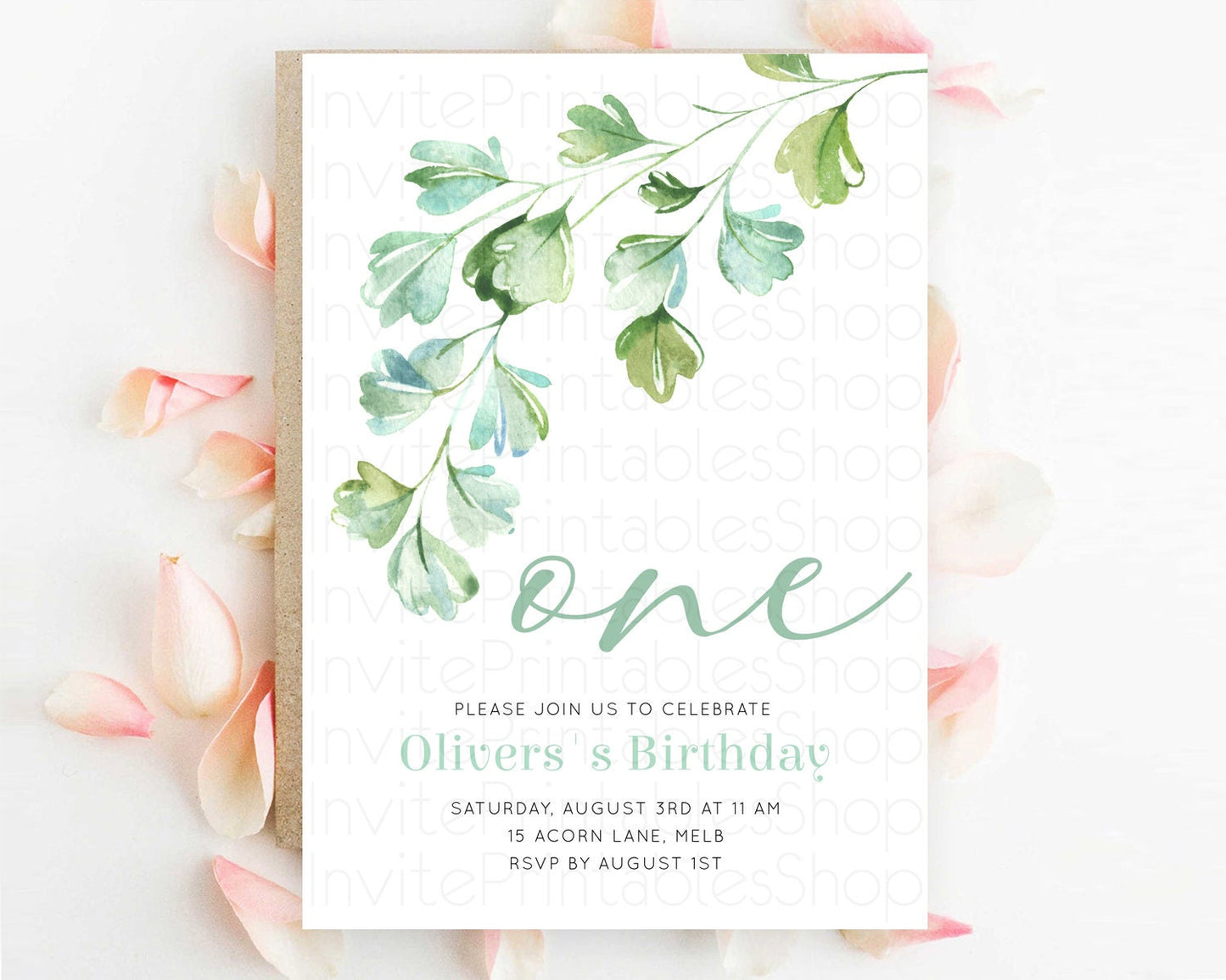 Leafy Birthday Invitation Leafy Invitation Simple Greenery Invitation Eucalyptus Fern Spray Leaves Minimal Green Leaf Watercolour D11057