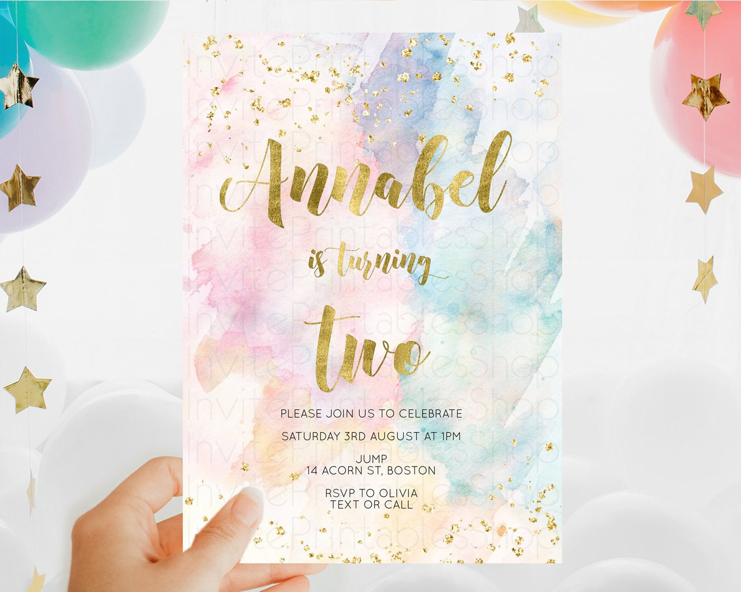 Rainbow Birthday Invitation Colorful Pastel Watercolor Invitation Gold Glitter Sprinkles Ombre Pastel 1st 2nd 3rd Birthday D10265