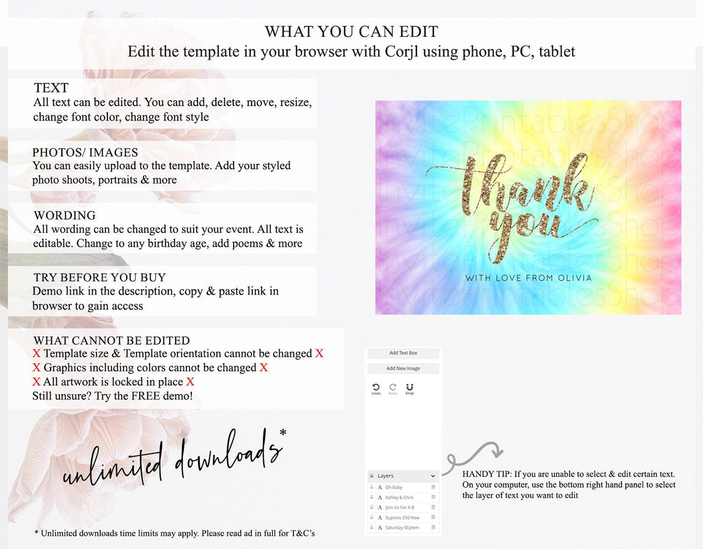 Tie Dye Thank You Rainbow Tie Dye Thank You Card Pastel Birthday Thank You Colorful Pastel Cards Rainbow Teacher Thank You Card D10580