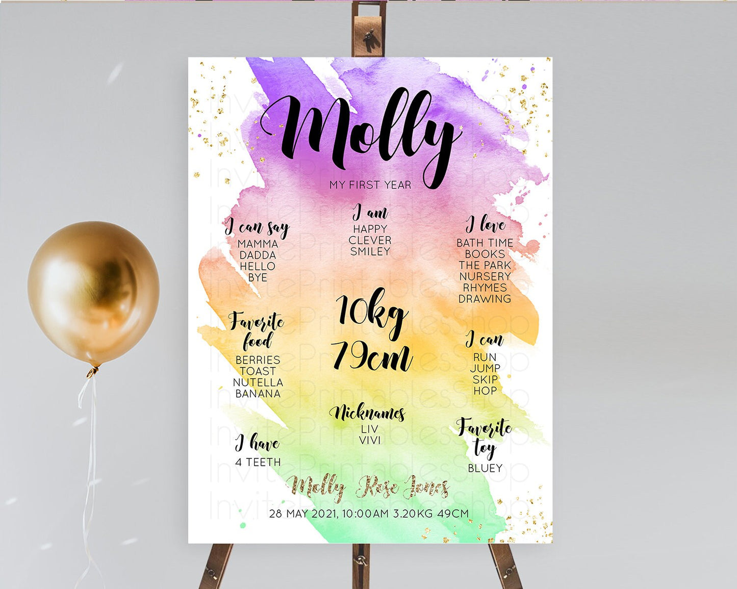 Pastel First Birthday Milestone Board Pastel Rainbow Milestone Poster Colorful Confetti Watercolor Glitter 1st Birthday Welcome Sign D10517