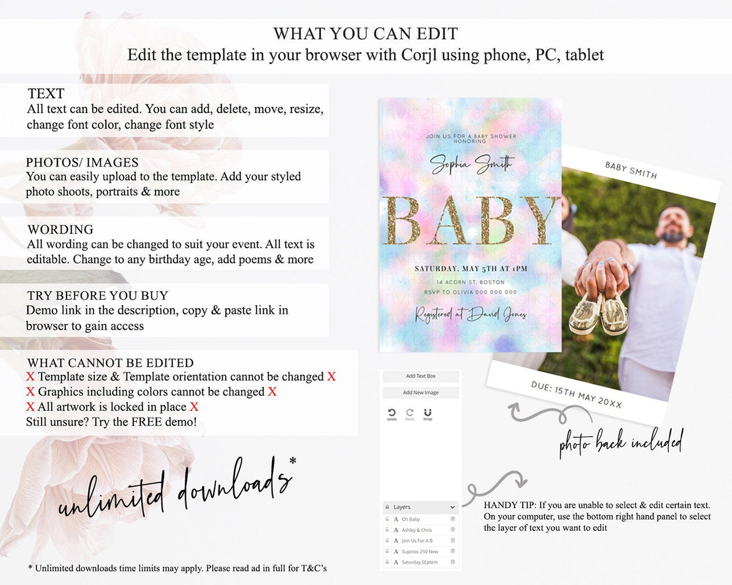 Pastel Baby Shower Invitation Rainbow Baby Shower Invitation Colorful Pastel Watercolor Invitation Gold Glitter Sprinkles Ombre D10694