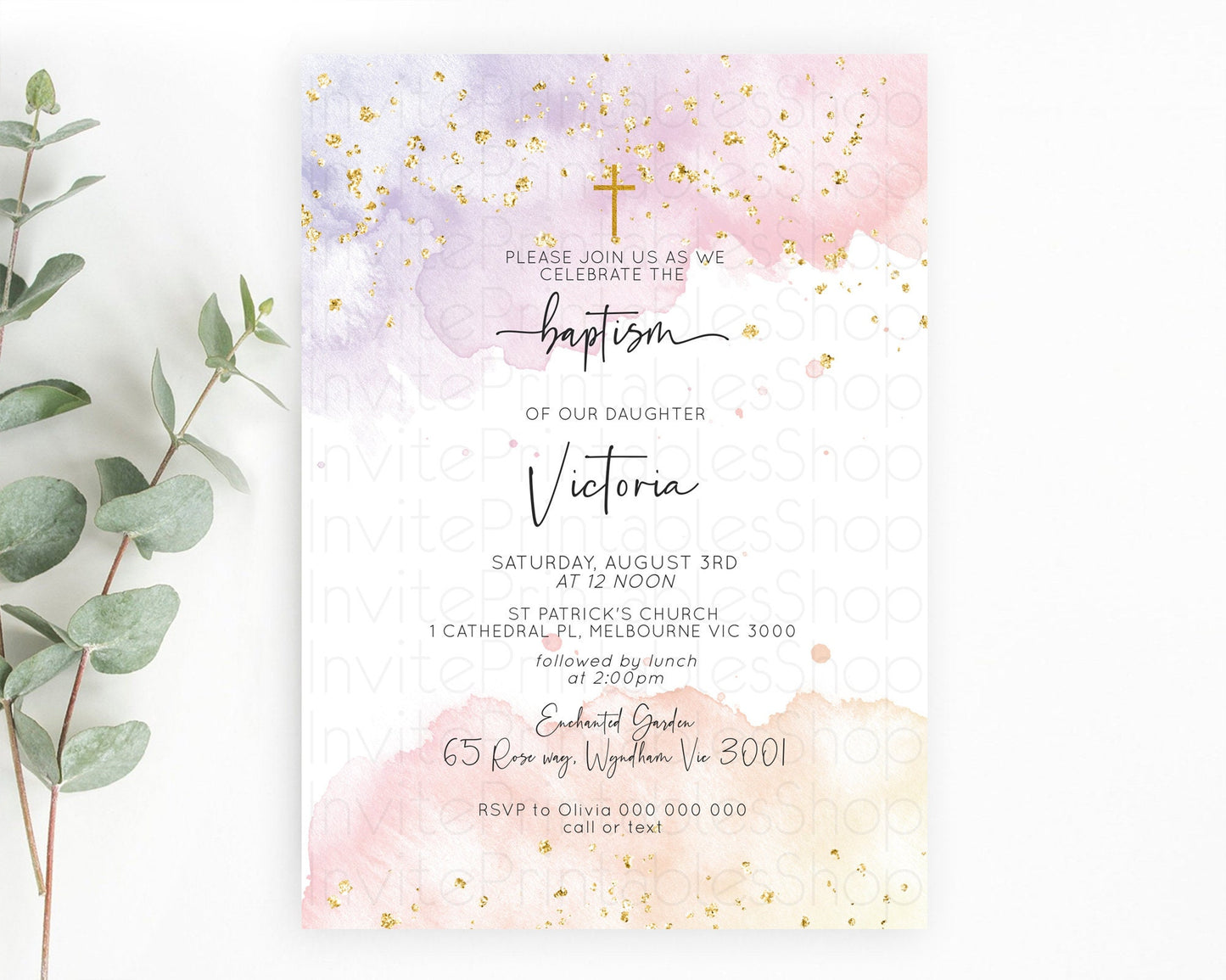 Pastel Baptism Invitation Pastel Colors Watercolor Baptism 1st Birthday Party Gold Ombre Pastel Rainbow Christening Holy Communion D10327