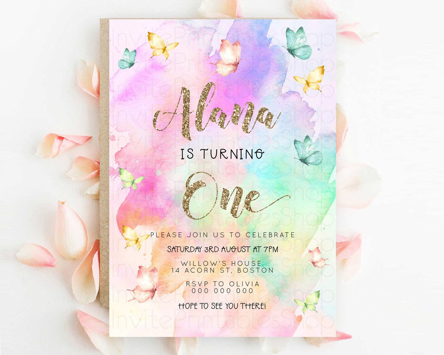 Pastel Butterfly Birthday Invitation Butterfly Birthday Invitation Colorful Splash Glitter Butterfly Garden 1st 2nd Birthday D23243