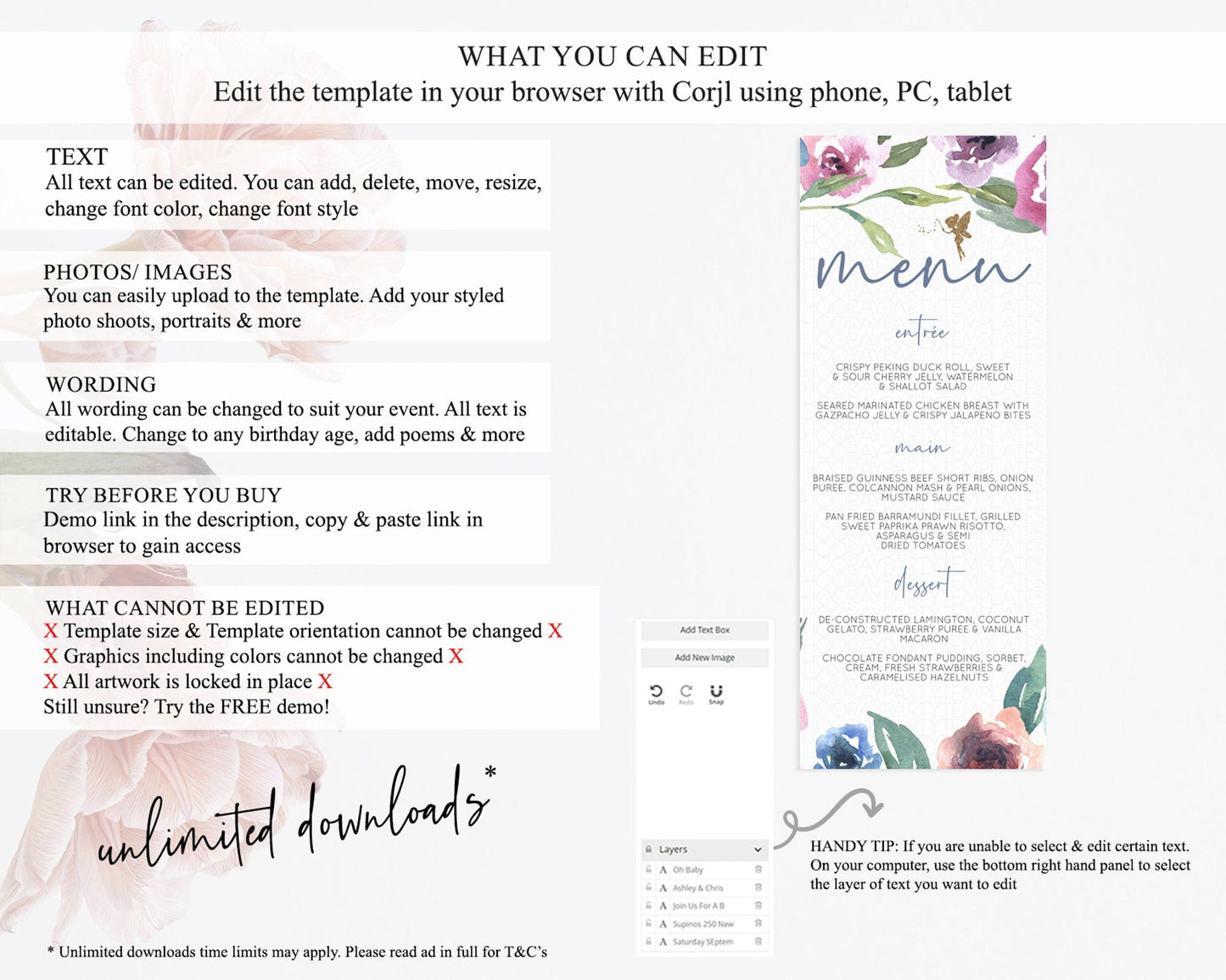 Fairy Menu Fairy Menu Template Enchanted Garden Pastel Floral Butterfly Table Decor Fairy Secret Garden Dinner Dessert Food Menu D10188