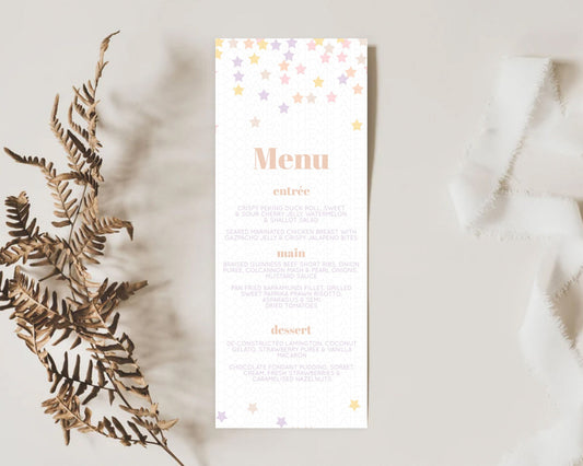 Star Menu Template Pastel Stars Menu Shooting Star Twinkle Little Star Decor Rainbow Colorful Confetti Dinner Dessert Food Menu D10810