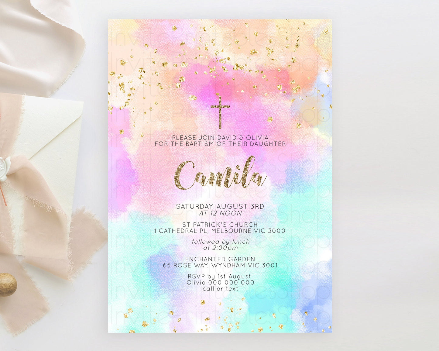 Pastel Baptism Invitation Pastel Colors Watercolor Baptism 1st Birthday Party Gold Ombre Pastel Rainbow Christening Holy Communion D10669