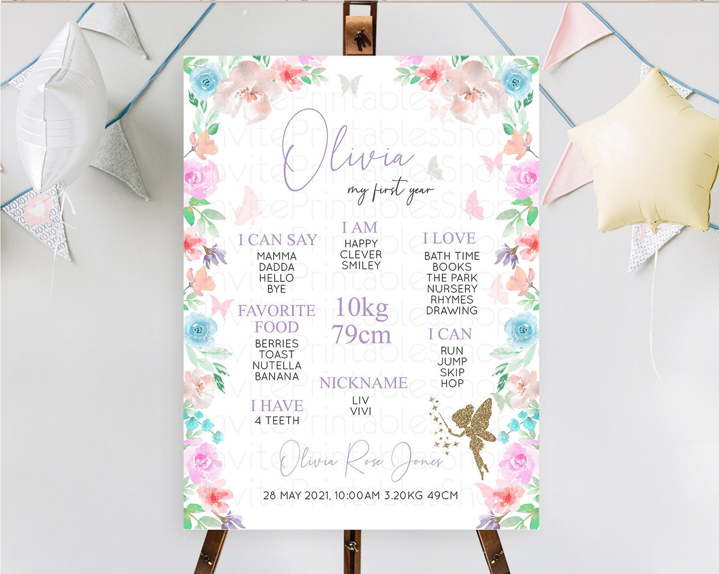 Fairy First Birthday Milestone Poster Fairy Secret Garden Milestone Board Enchanted Garden Pastel Floral Butterfly 1st Birthday Sign D10126