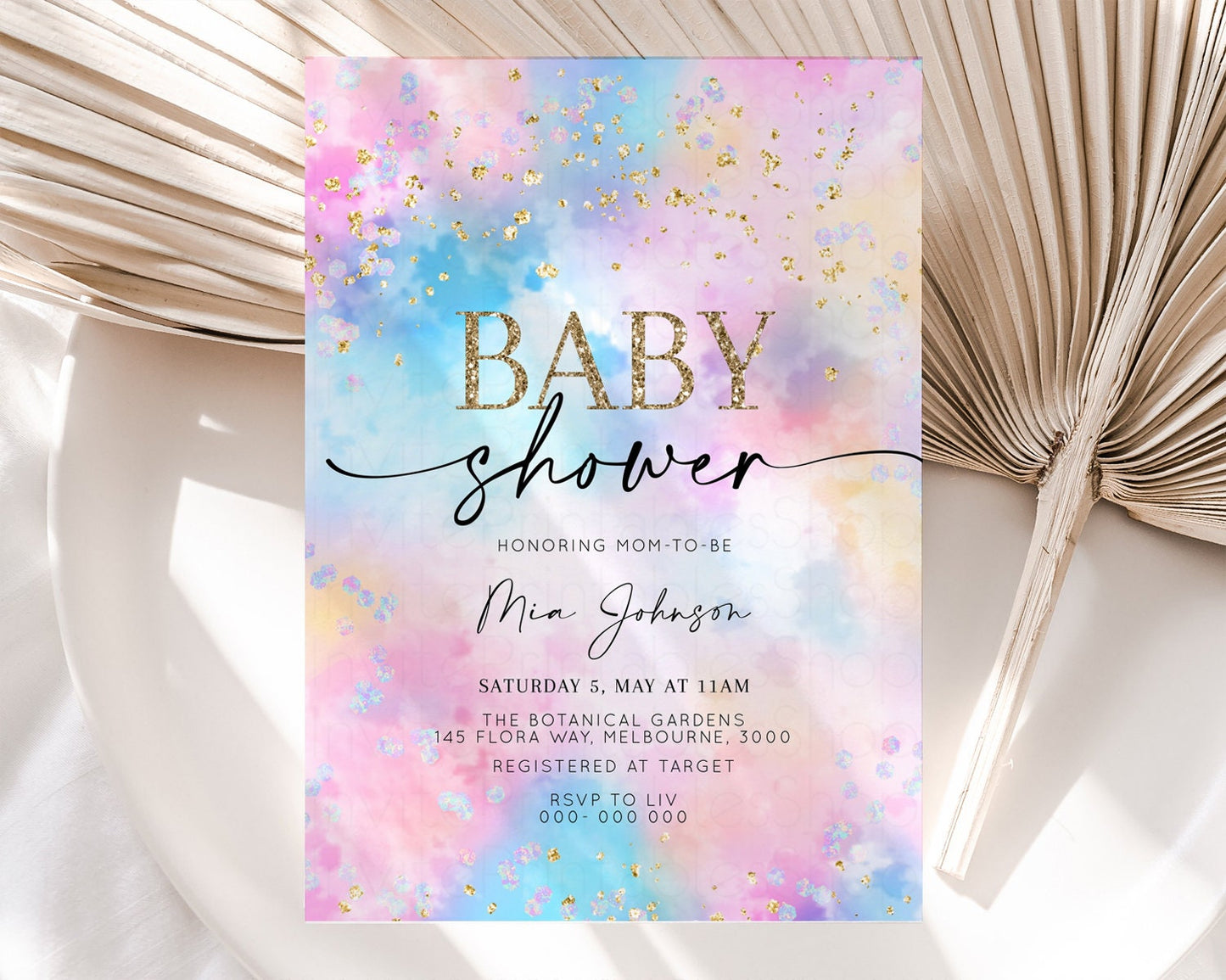 Rainbow Baby Shower Invitation Watercolor Pastel Invite Colorful Splash Baby Invite Glitter Sprinkles Ombre Clouds Invite Whimsical 589v4