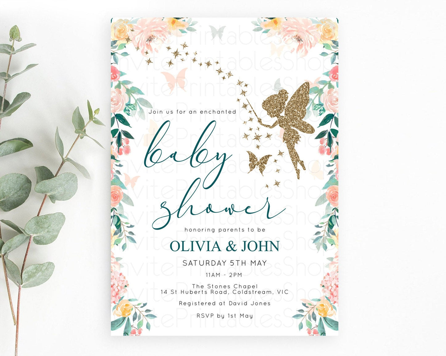 Fairy Baby Shower Invitation, Secret Garden, Fairy Garden, Pastel Green, Orange, Pink Floral, Butterflies - with Pixie Glitter Magic D10239