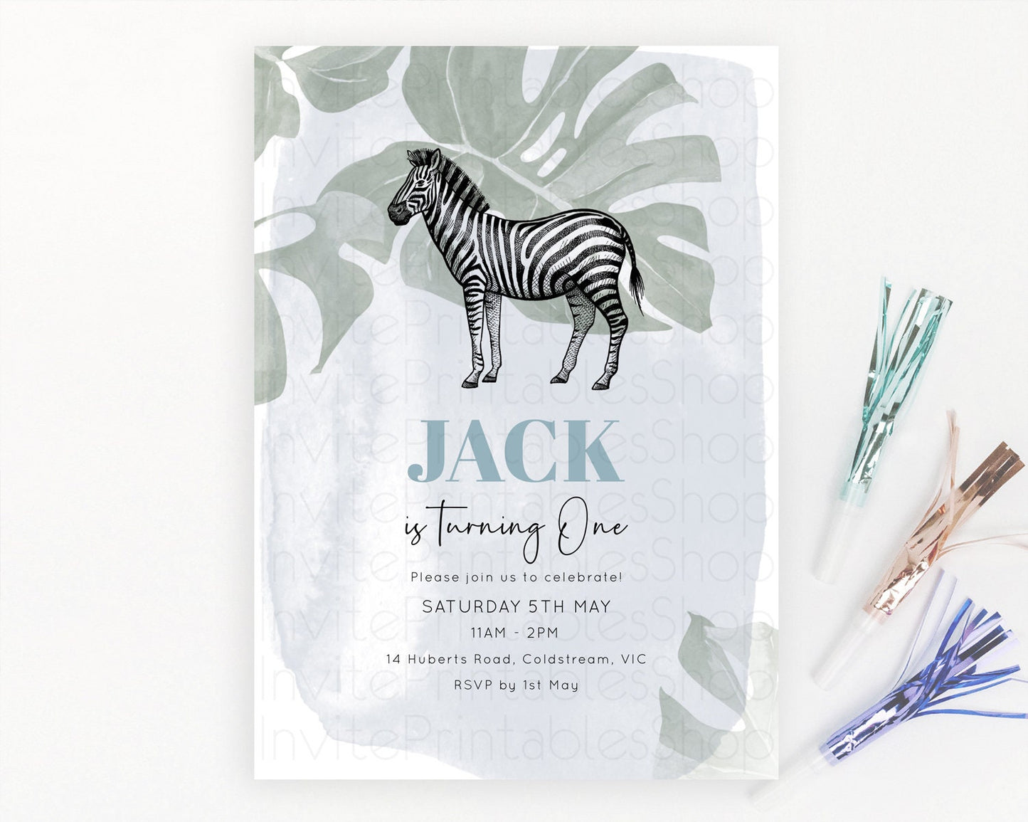 Zebra Birthday Invitation Zebra Invite Jungle Safari invite Watercolor Tropical Palm Invite Adventure Zoo Party Wild Animal Party D10814