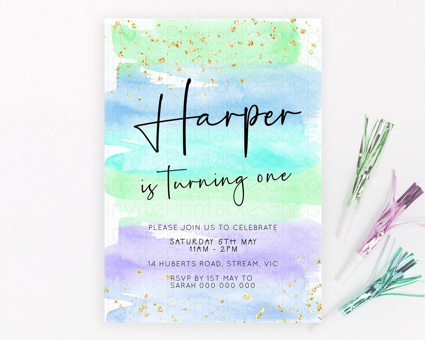 Pastel Birthday Invitation Ombre Watercolor Birthday Invitation Glitter Rainbow Color Splash 1st 2nd 3rd Birthday Invitation D23043