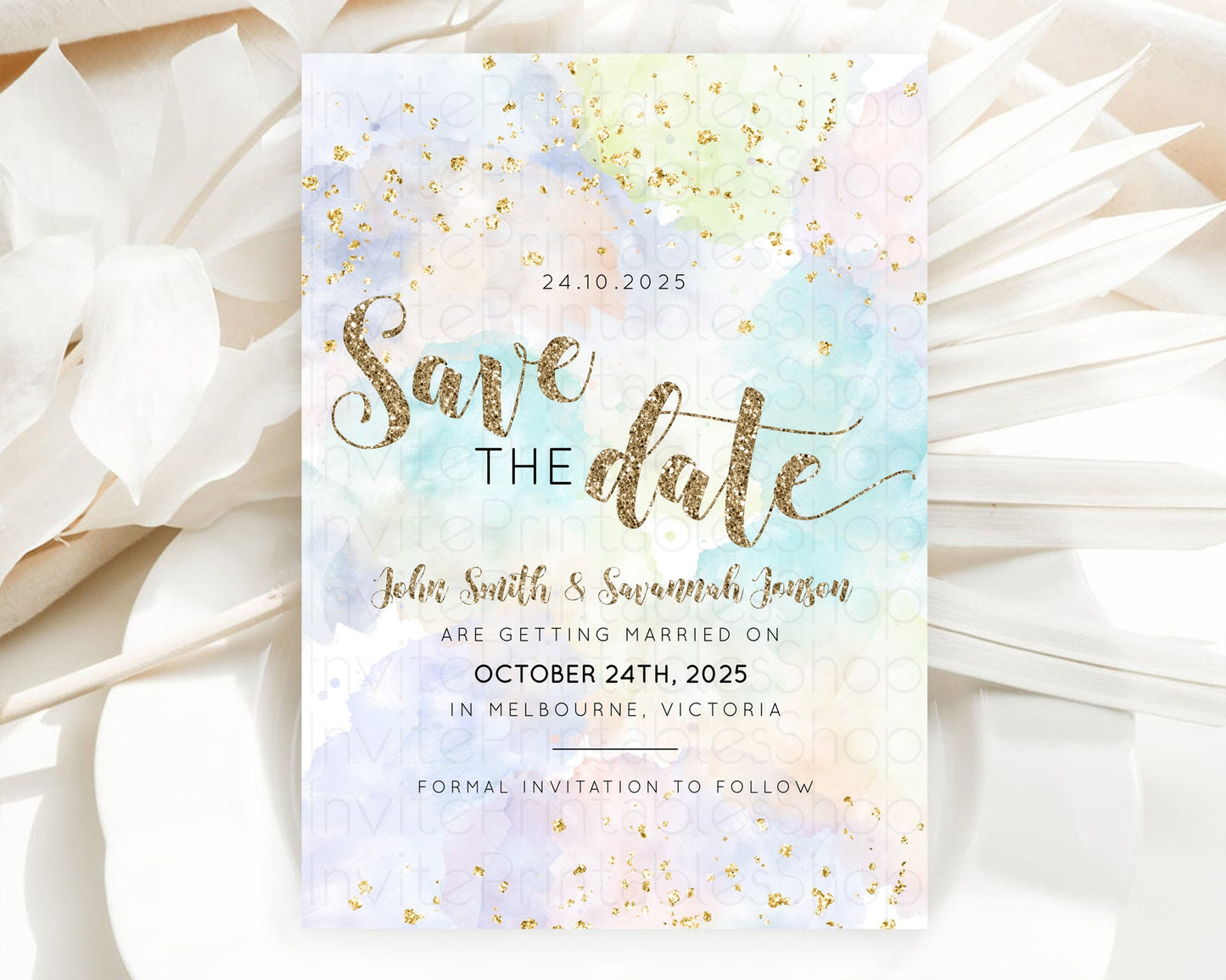 Pastel Save The Date Template Pastel Ombre Rainbow Watercolor Colorful Party For Birthday Baptism Baby Shower Wedding Bridal Shower D10613