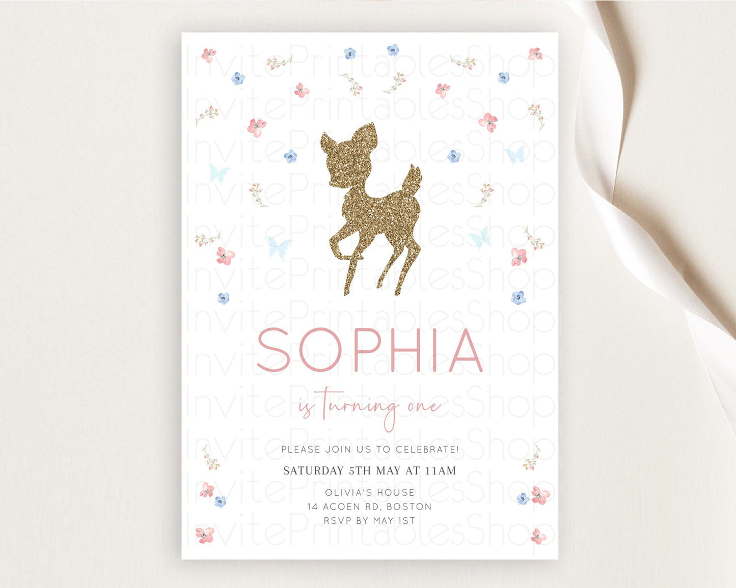 Fawn Birthday Invitation Deer Birthday Invitation Enchanted Forest Party Butterfly Pastel Flowers Whimsical 2nd 1st First Birthday D10359