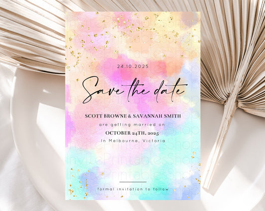 Pastel Save The Date Template Pastel Ombre Rainbow Watercolor Colorful Party For Birthday Baptism Baby Shower Wedding Bridal Shower D10667