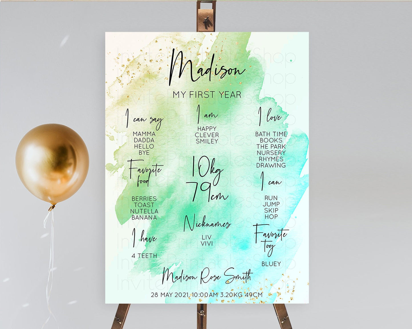 Green First Birthday Milestone Poster Green Watercolor Milestone Board Pastel Green Watercolor Splash Milestone Board 1st Birthday D10170