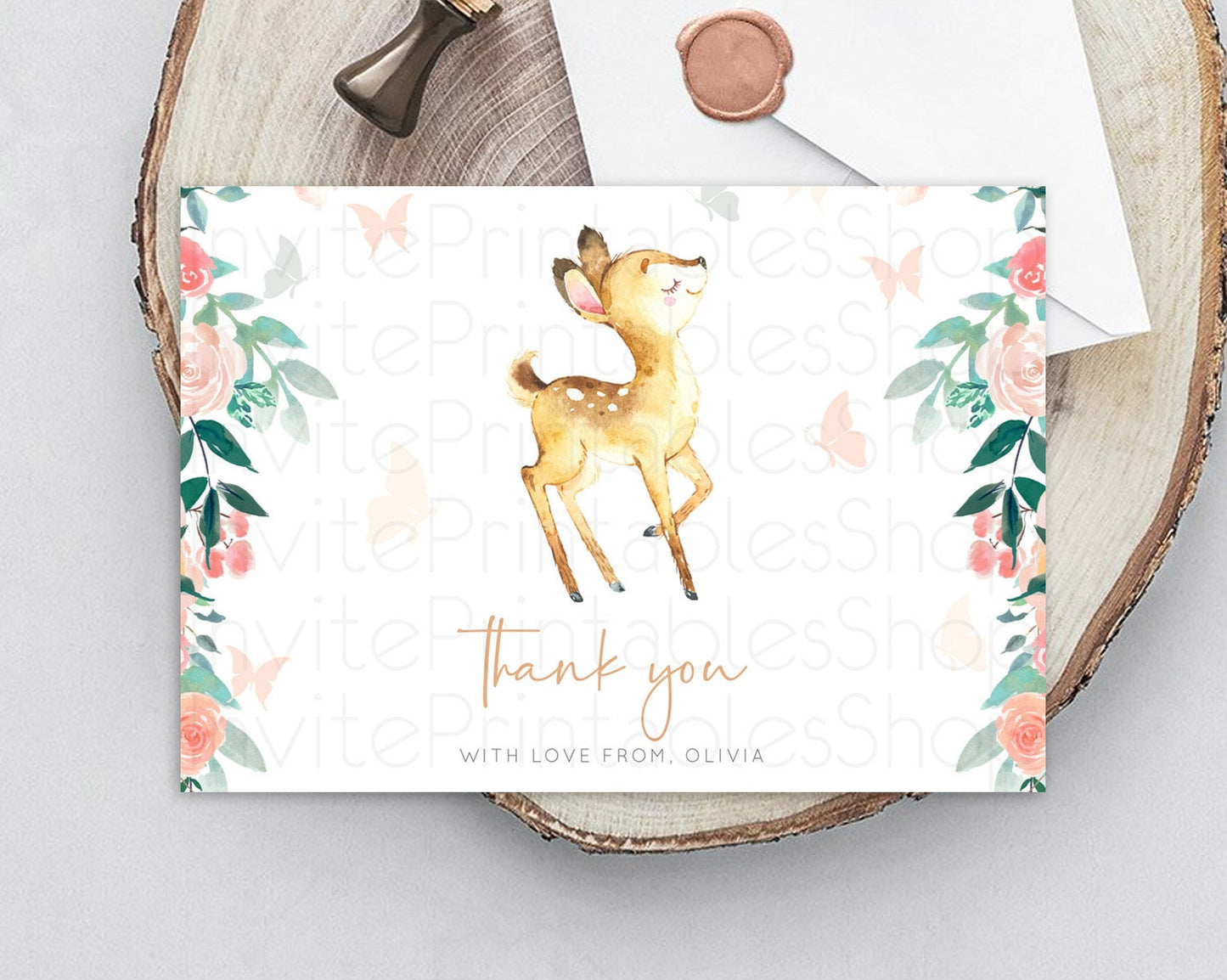 Editable Fawn Thank You Deer Thank You Card Pastel Floral Deer Birthday Than