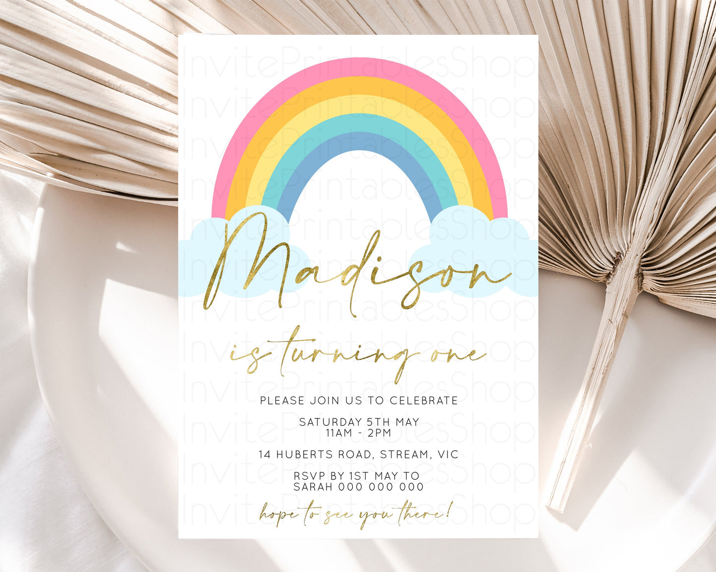 Rainbow Birthday Invitation Colorful Pastel Invitation Heart Rainbow Invite Watercolor Pink Blue Yellow Clouds 1st 2nd 3rd Birthday 190