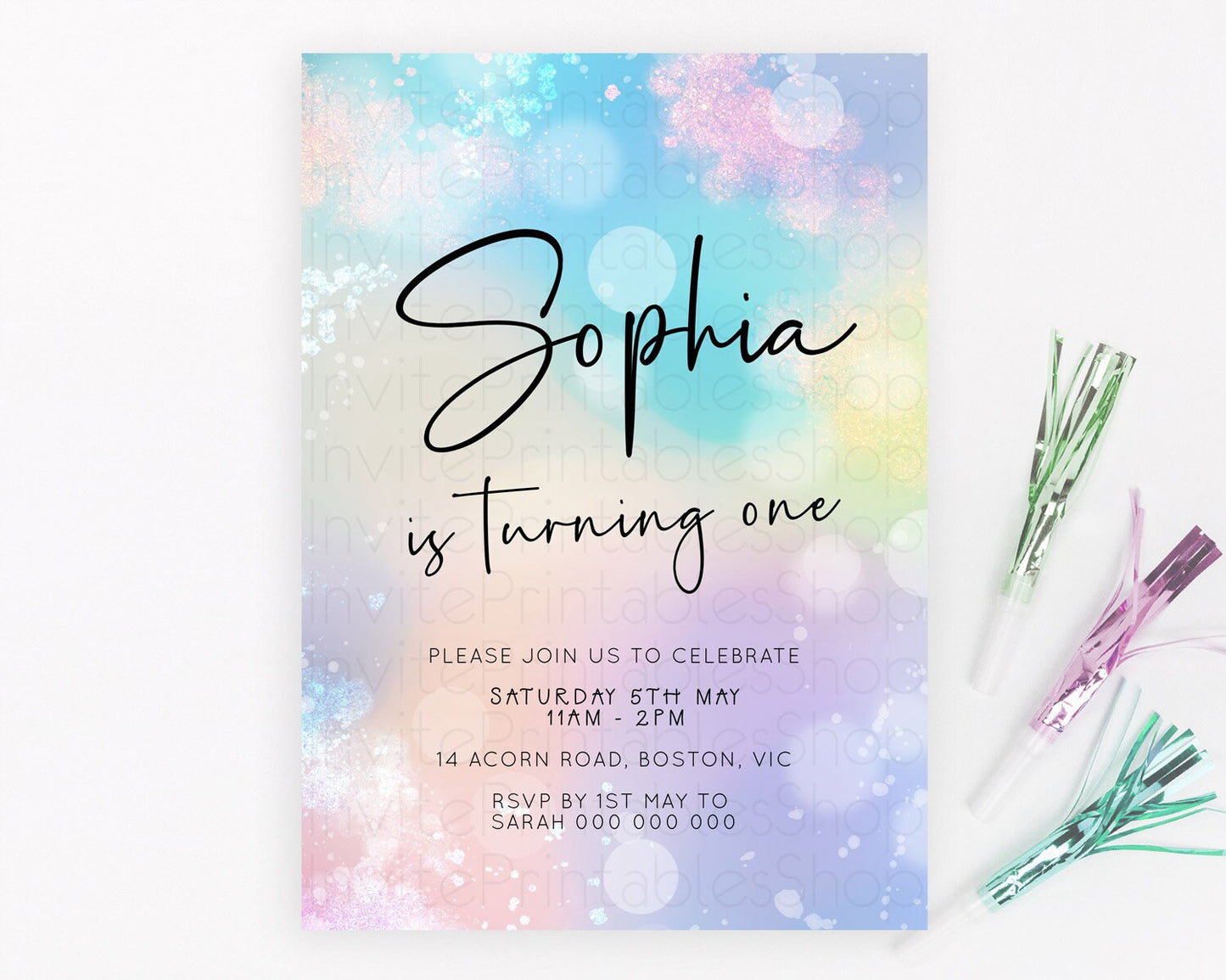 Pastel Birthday Invitation Ombre Watercolor Birthday Invitation Glitter Rainbow Color Splash 1st 2nd 3rd Birthday Invitation D23111