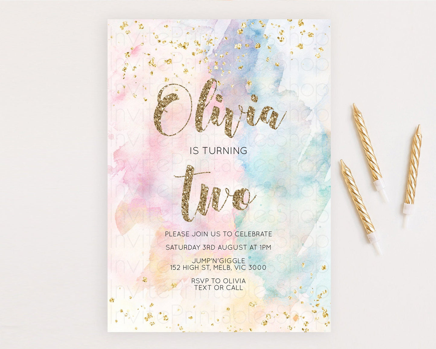 Rainbow Birthday Invitation Colorful Pastel Watercolor Invitation Gold Glitter Sprinkles Ombre Pastel 1st 2nd 3rd Birthday D10264