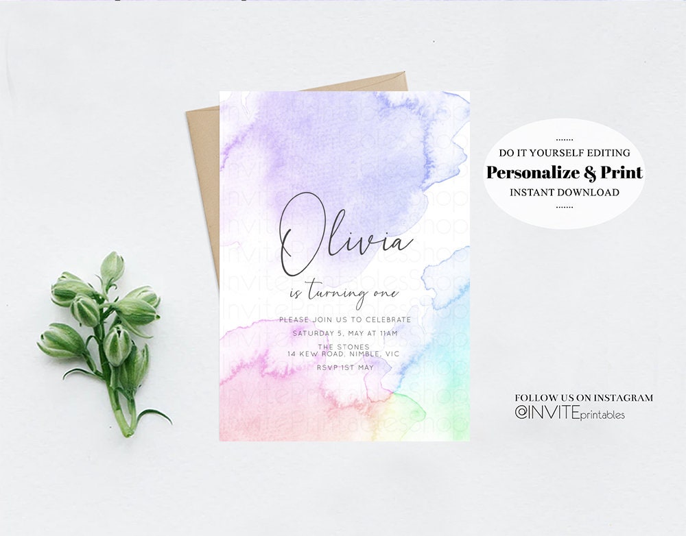 Pastel Rainbow Birthday Invitation Pastel Watercolor Birthday Invite Colorful Watercolor Invite Ombre Pastel Invitation 193