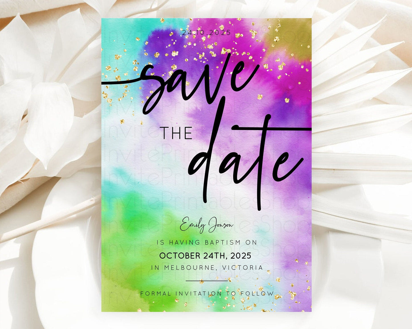 Tie Dye Save The Date Template Rainbow Pastel Ombre Watercolor Party For 1st Birthday Baptism Baby Shower Bridal Shower Wedding D10536