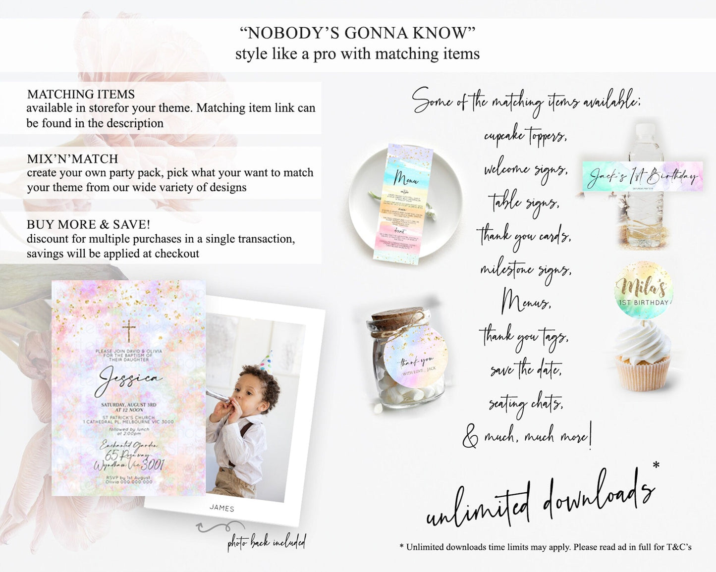 Pastel Baptism Invitation Pastel Colors Watercolor Baptism 1st Birthday Party Gold Ombre Pastel Rainbow Christening Holy Communion D10649