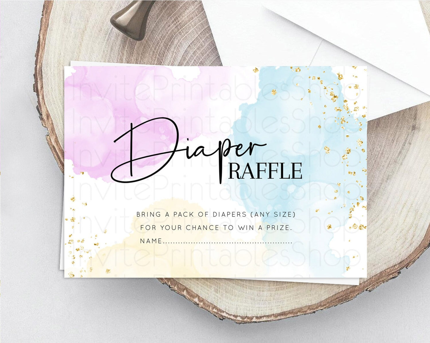 Pastel Diaper Raffle Card Pastel Rainbow Diaper Raffle Insert Colorful Ombre Watercolor Diaper Ticket Confetti Glitter Raffle Game D10155