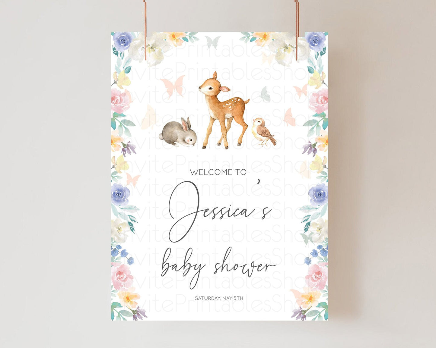 Fawn Baby Shower Welcome Sign Deer Welcome Board Floral Deer Welcome Poster Enchanted Forest Butterfly Pastel Floral Welcome Sign D10930