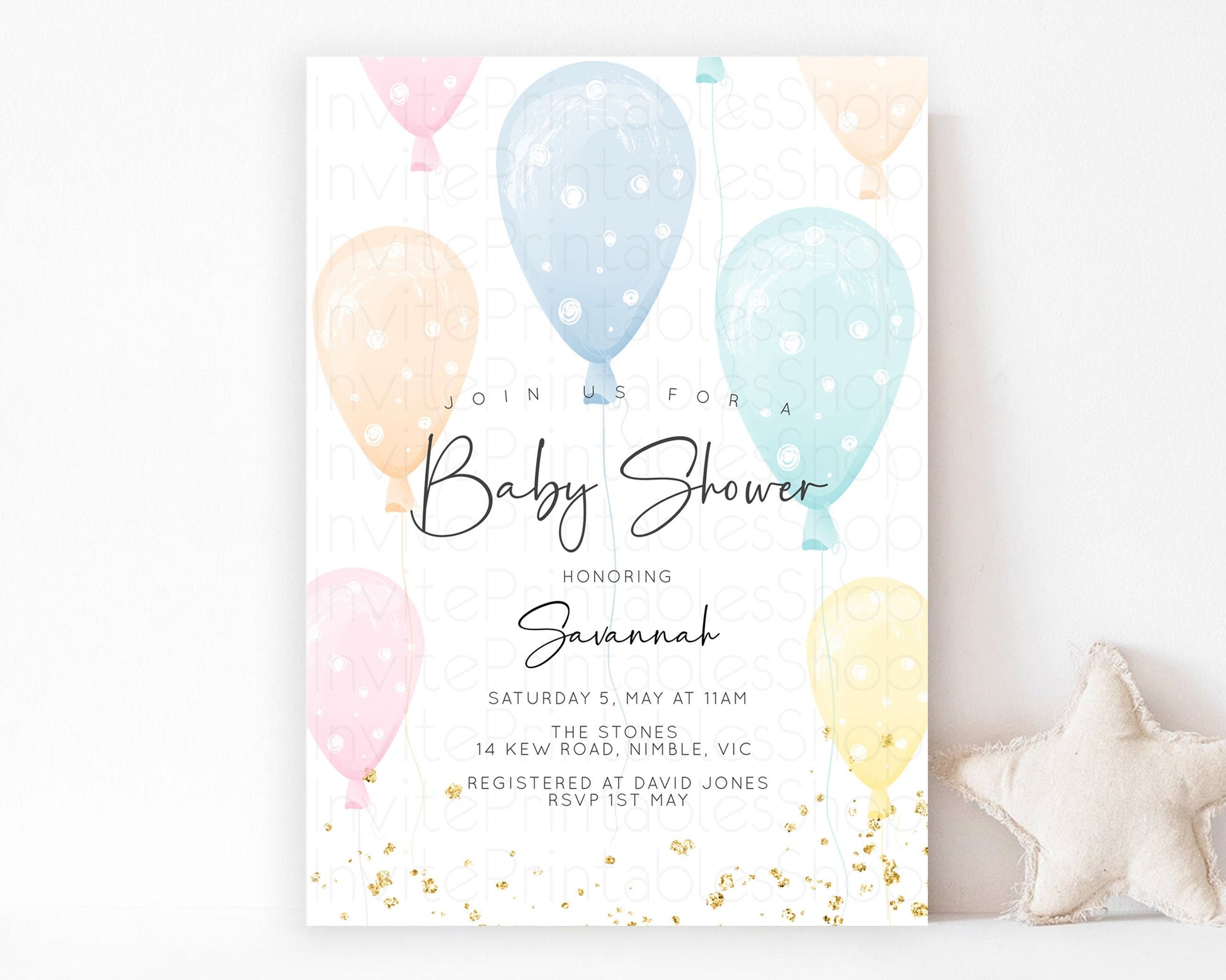 Editable Balloon Baby Shower Invitation Rainbow Pastel Colorful Glitter Spri