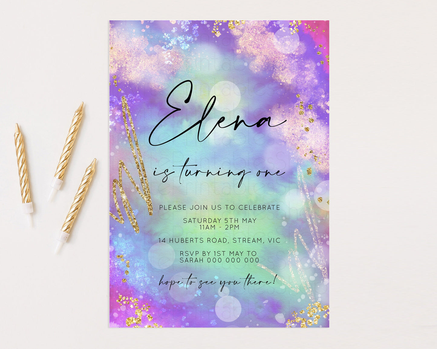 Rainbow Birthday Invitation Pastel Birthday Invite Ombre Watercolor Invite Enchanted Theme Colorful Splash Glitter Sprinkles 1st 2nd 3rd