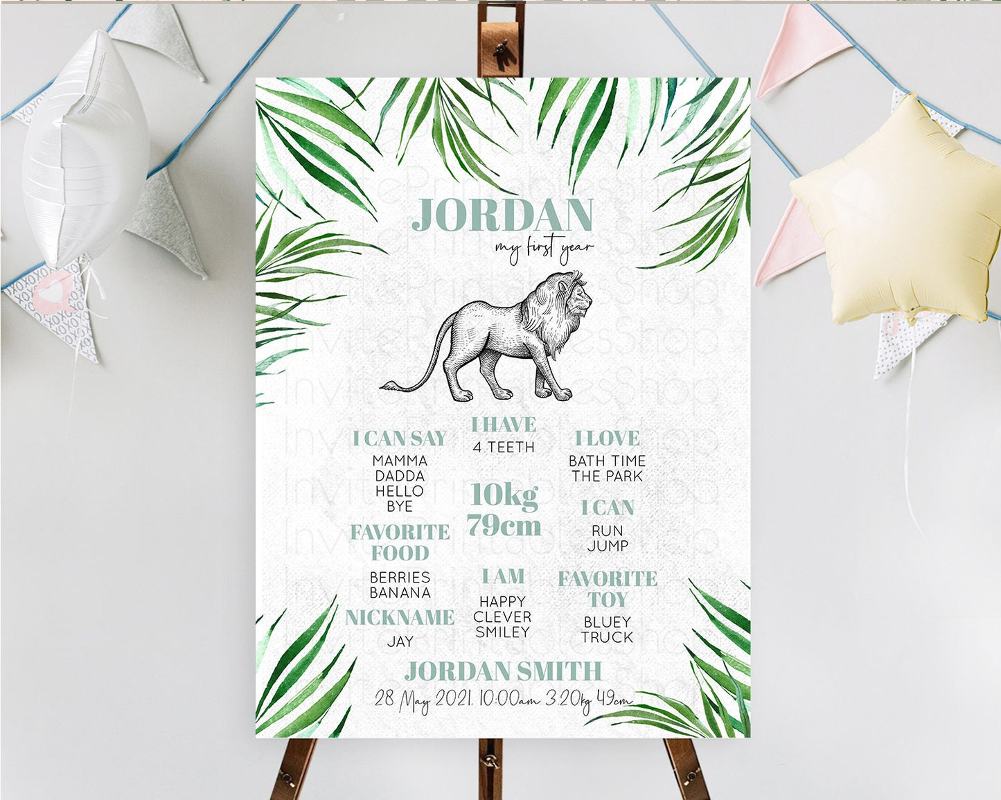 Lion First Birthday Milestone Board Lion Milestone Poster Lion Decor Safari Adventure Palm Leaf Lion First Birthday Welcome Sign D10845