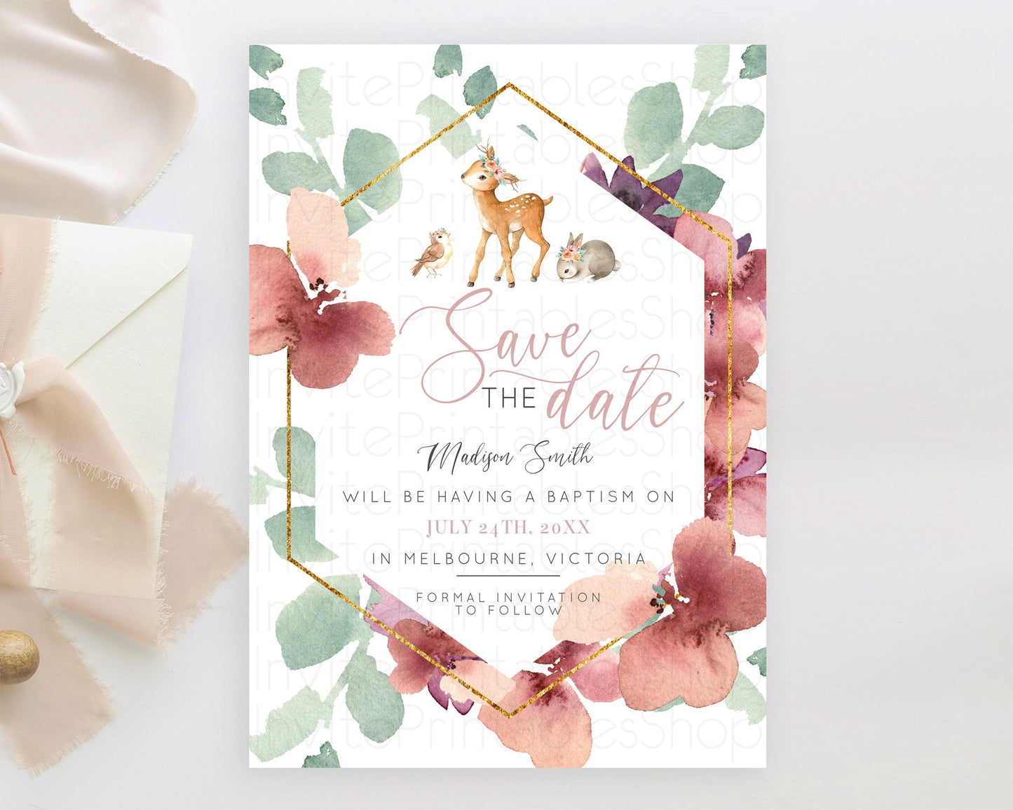 Fawn Deer Save The Date Template Pastel Floral Deer Enchanted Forest Butterfly Party 1st Birthday Baptism Baby Shower Bridal Shower D10913