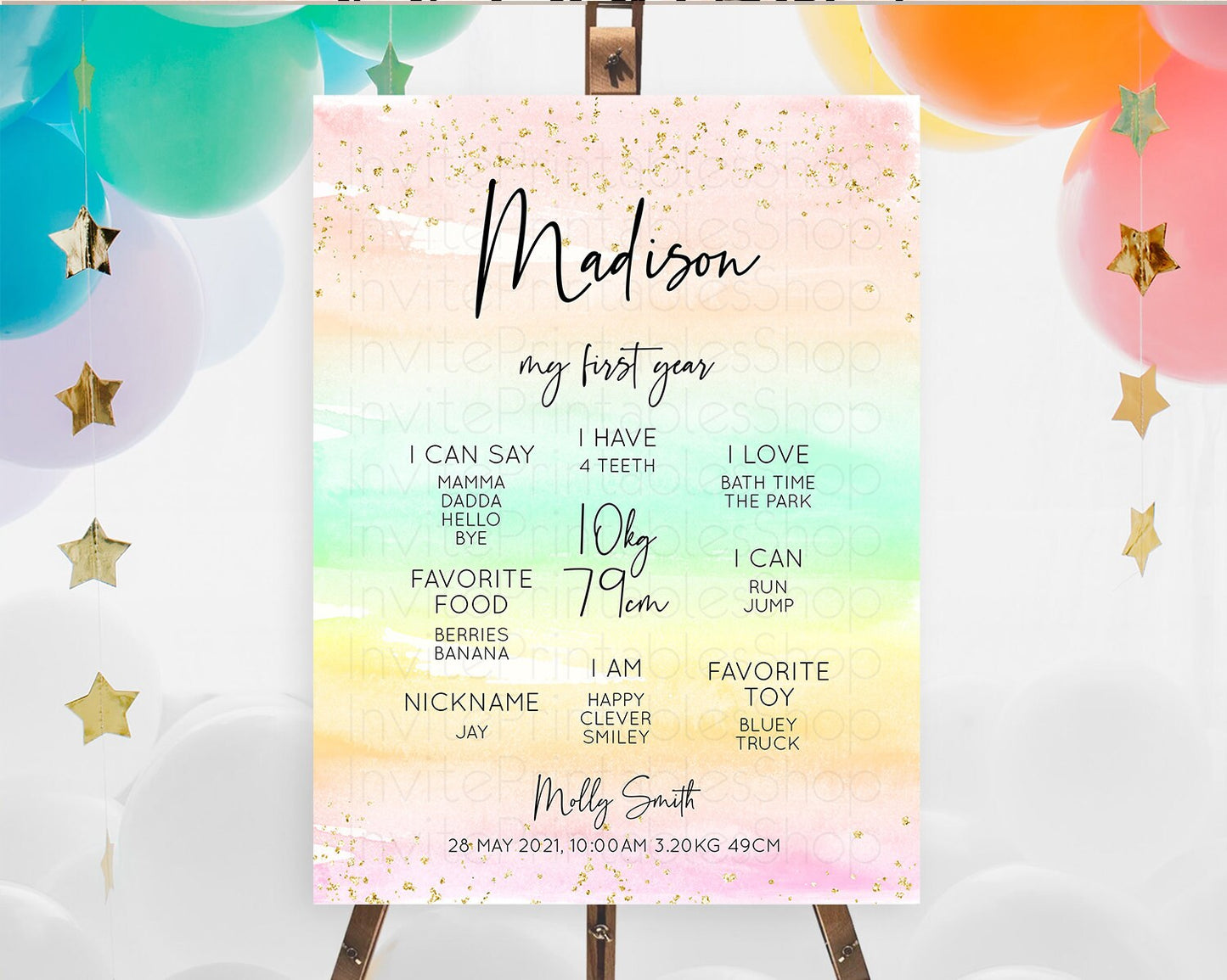 Editable Pastel First Birthday Milestone Board Pastel Rainbow Milestone Post