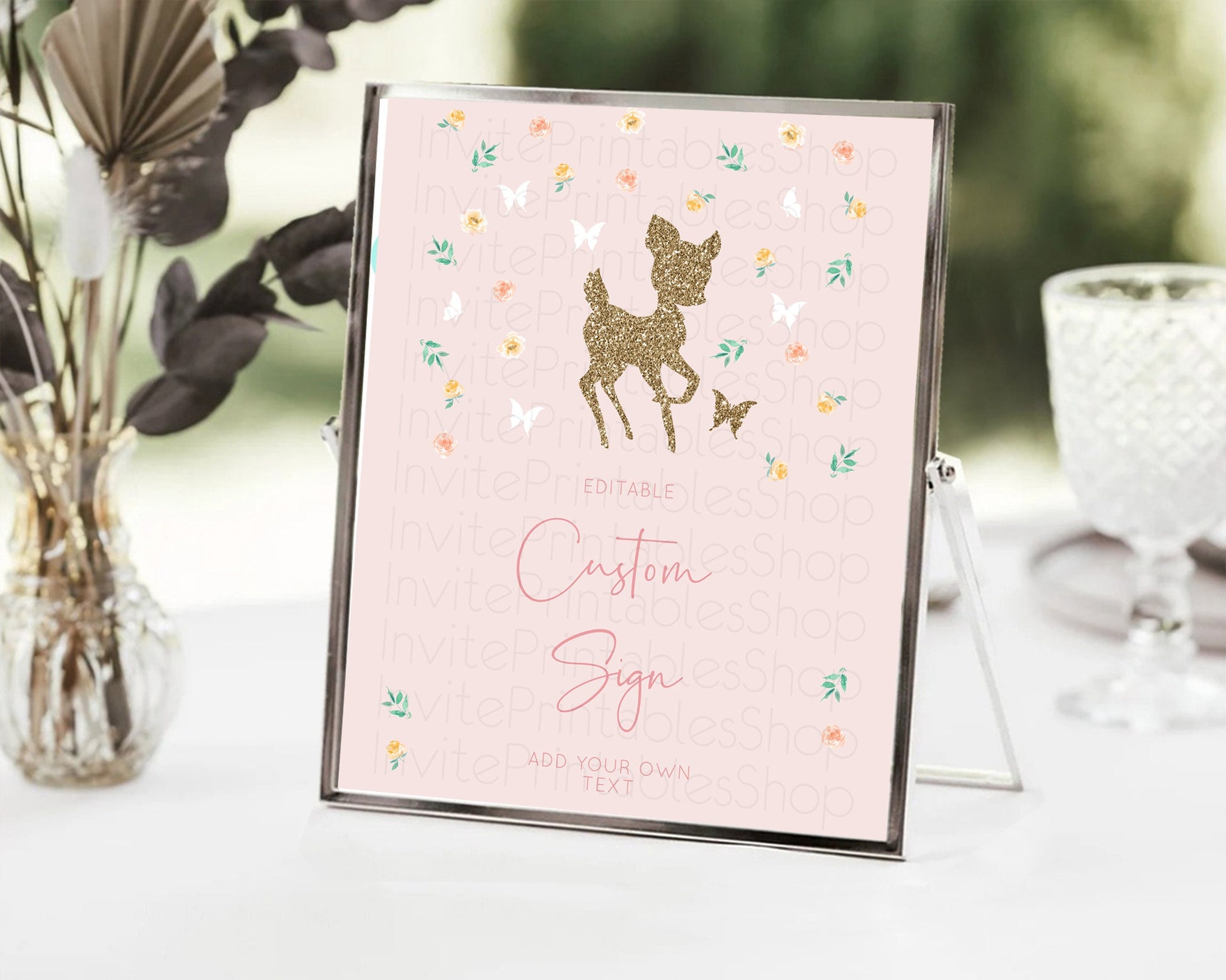 Editable Fawn Deer Sign Pastel Floral Deer Table Sign Decor Enchanted Forest