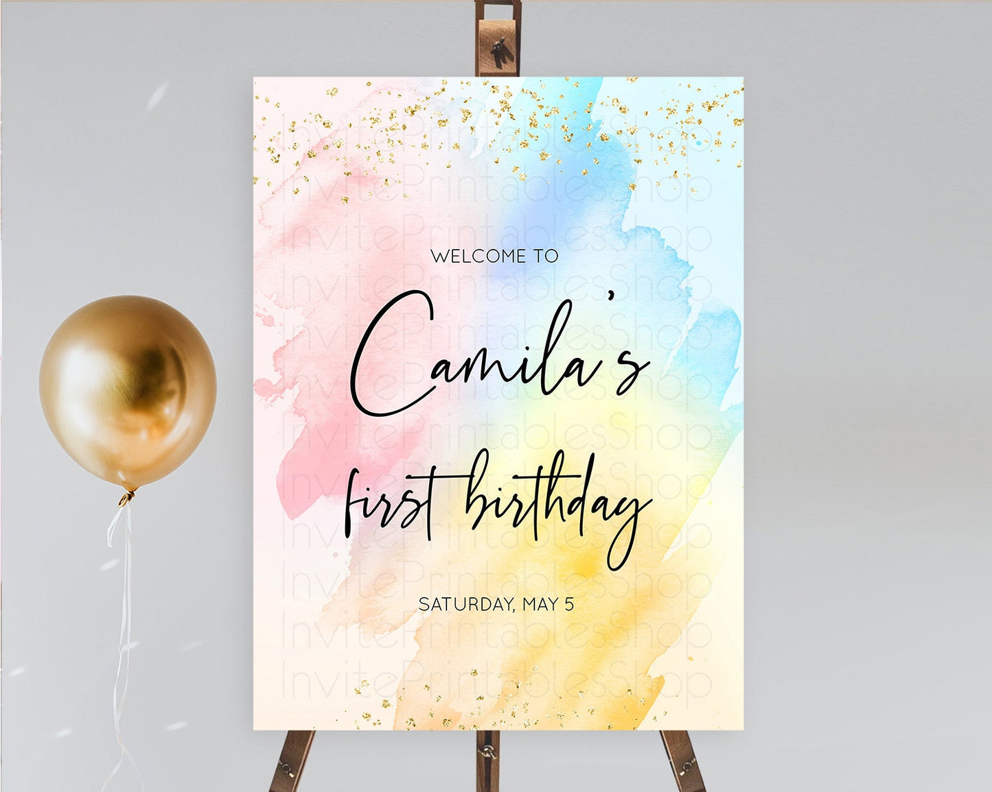 Pastel Welcome Sign Pastel Rainbow Welcome Sign Colorful Rainbow Confetti Watercolor Glitter Pastel First Birthday Welcome Sign D10557