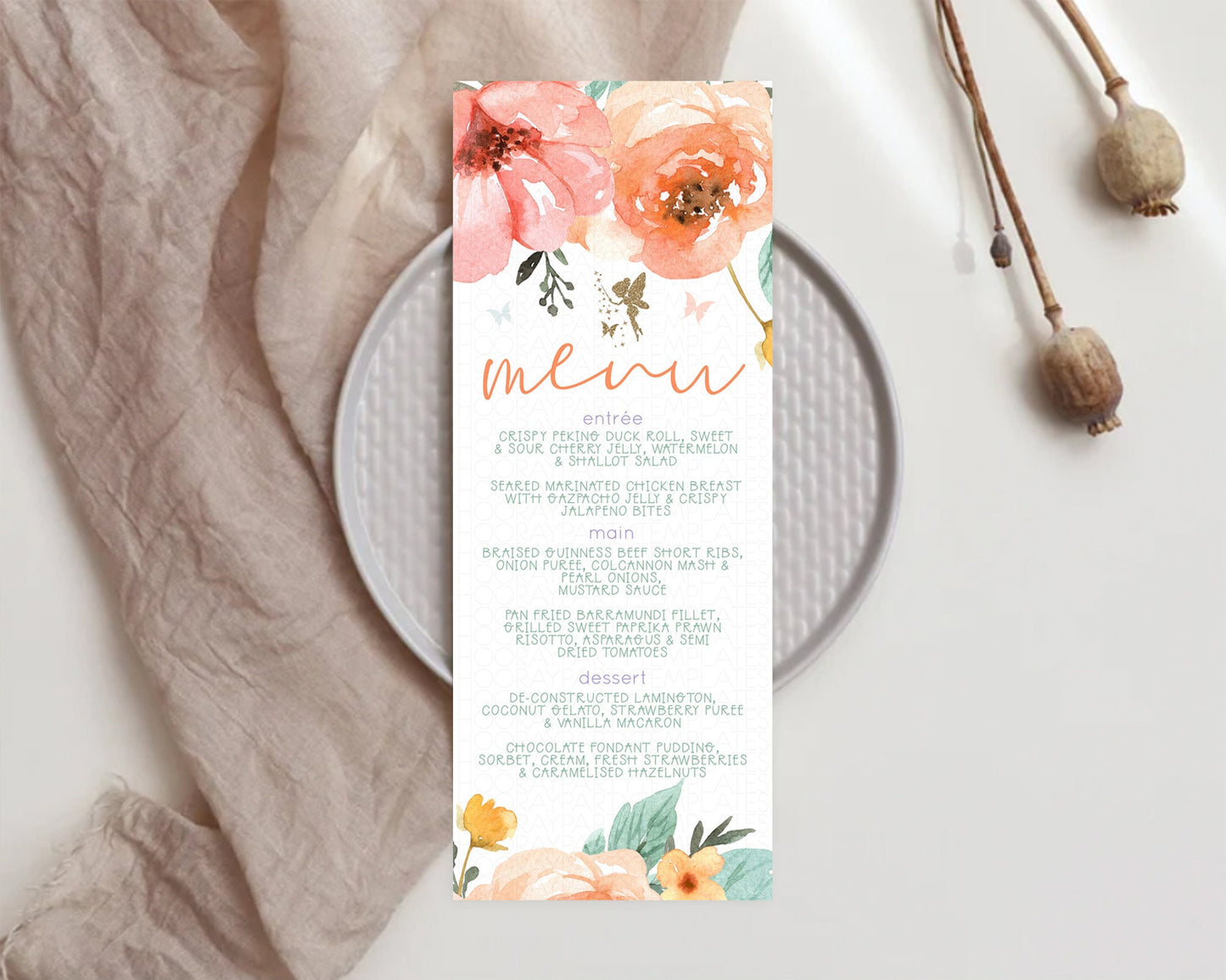 Fairy Menu Fairy Menu Template Enchanted Garden Pastel Floral Butterfly Table Décor Fairy Secret Garden Dinner Dessert Food Menu D10346