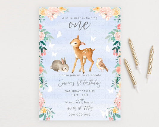 Fawn Birthday Invitation Deer Birthday Invitation Enchanted Forest Party Butterfly Pastel Flowers Whimsical 2nd 1st First Birthday D10920