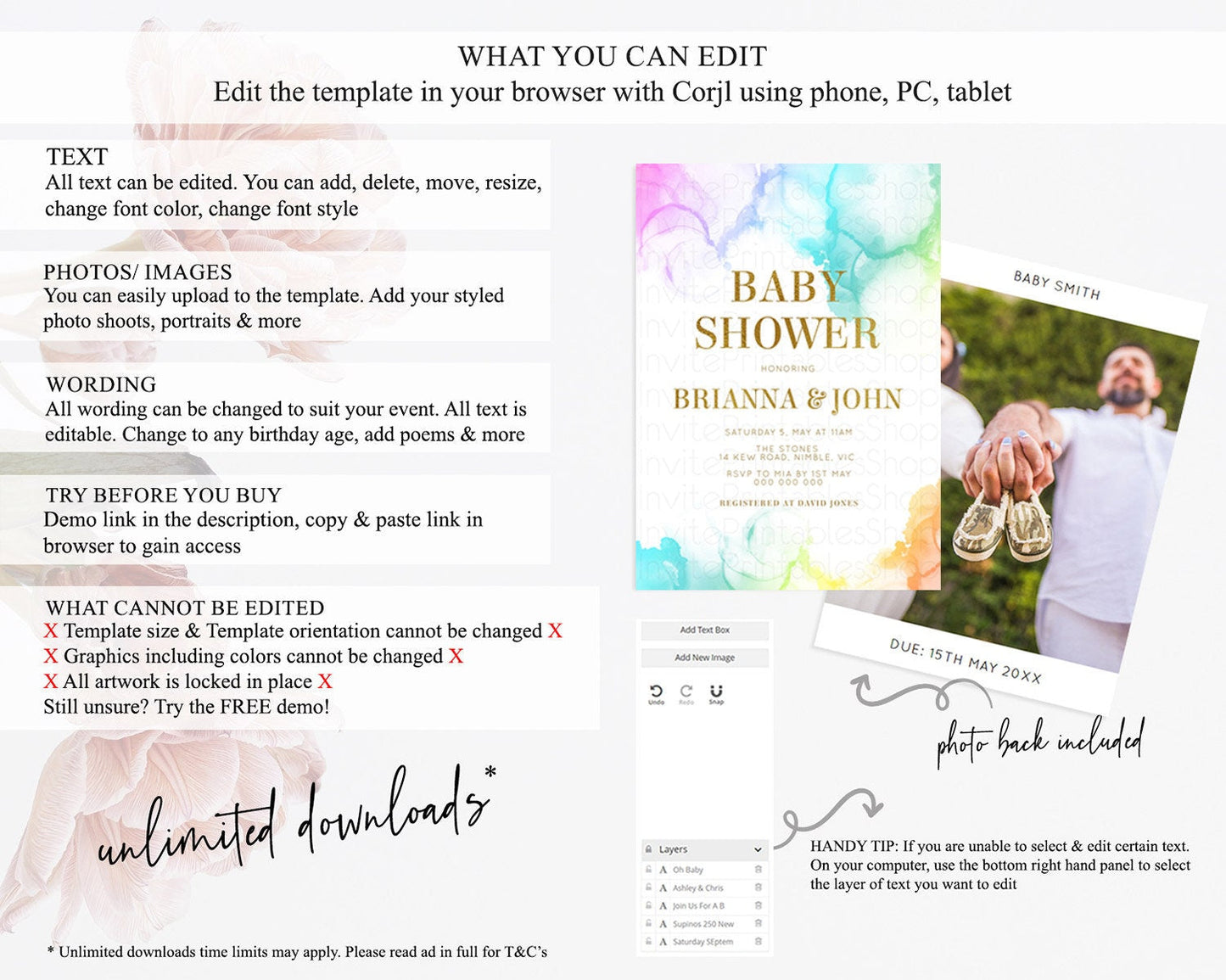 Pastel Rainbow Baby Shower Invitation, Gender Reveal Colorful Watercolor with Gold Glitter Sprinkles, Ombre Blue, Pink, Orange D10181