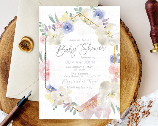 Wildflower Baby Shower Invitation, Enchanted Garden, Secret Garden, Pastel Flowers, Soft Pink, Blue White Floral, Blooms, Botanical D10254